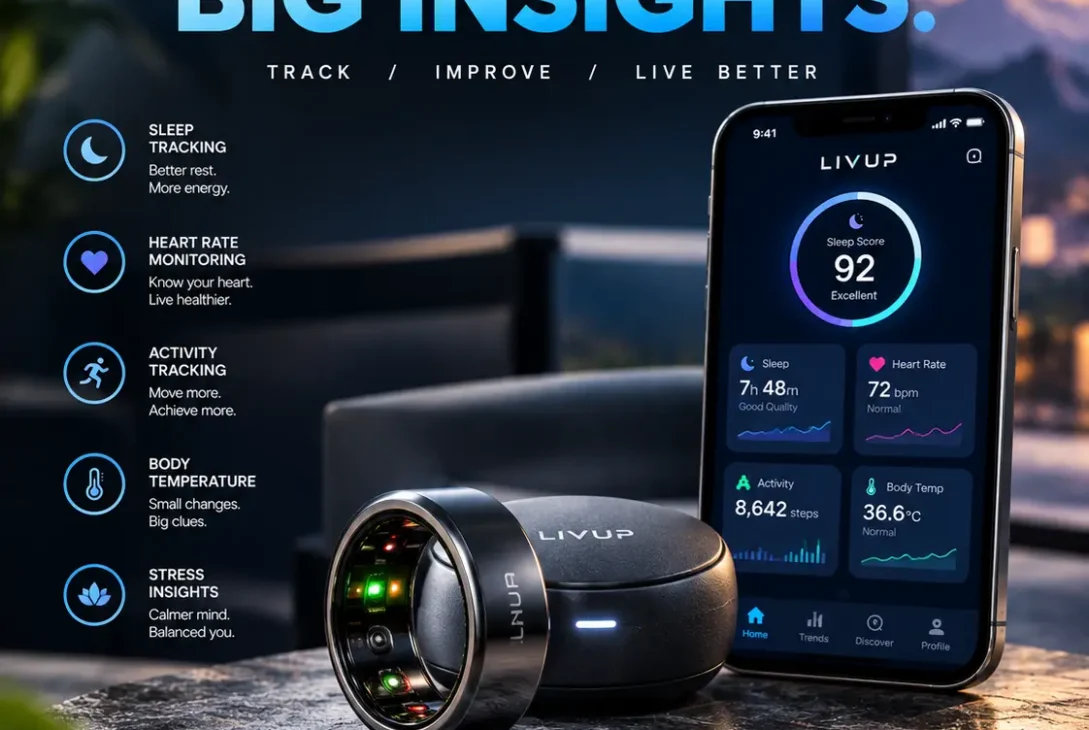 LivUp Smart Ring showing health tracking and fitness features