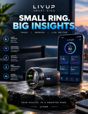 LivUp Smart Ring showing health tracking and fitness features