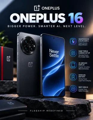 OnePlus 16 smartphone showing rumored specs, camera and 165Hz display