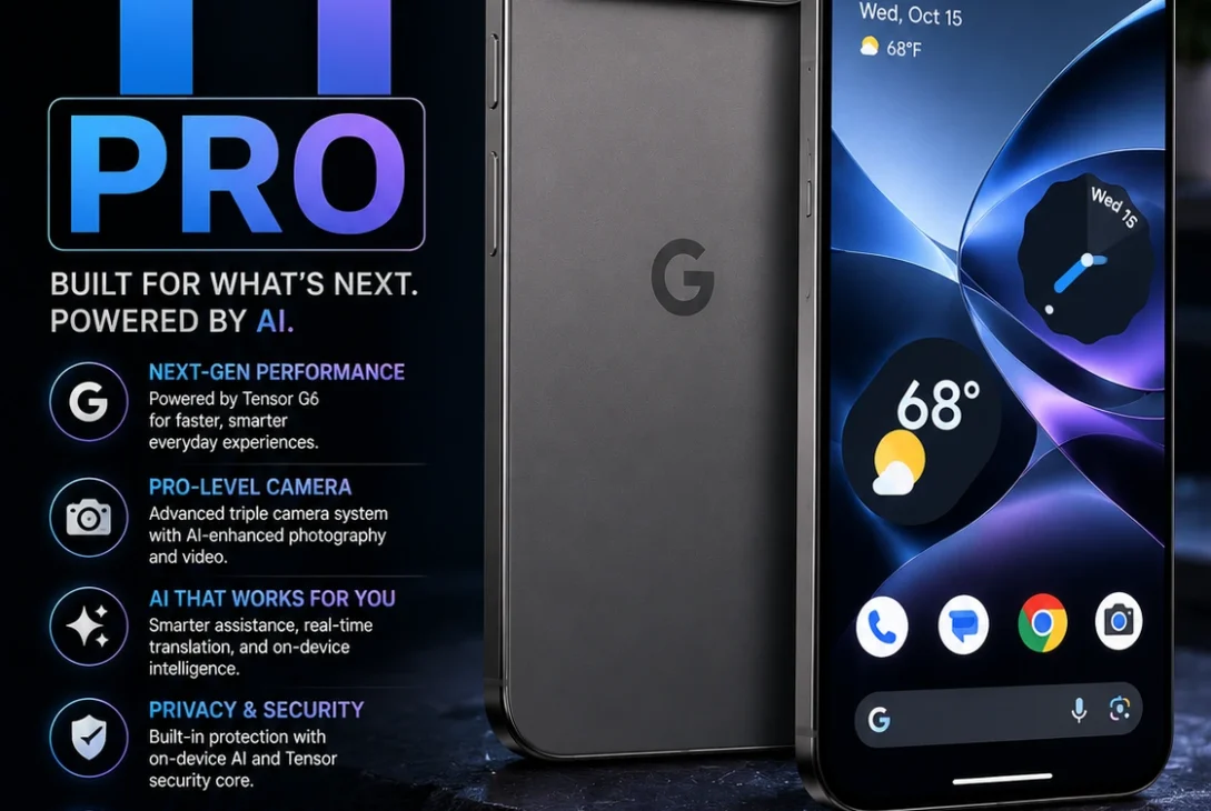 Pixel 11 Pro smartphone showing its camera and bright display
