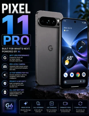 Pixel 11 Pro smartphone showing its camera and bright display