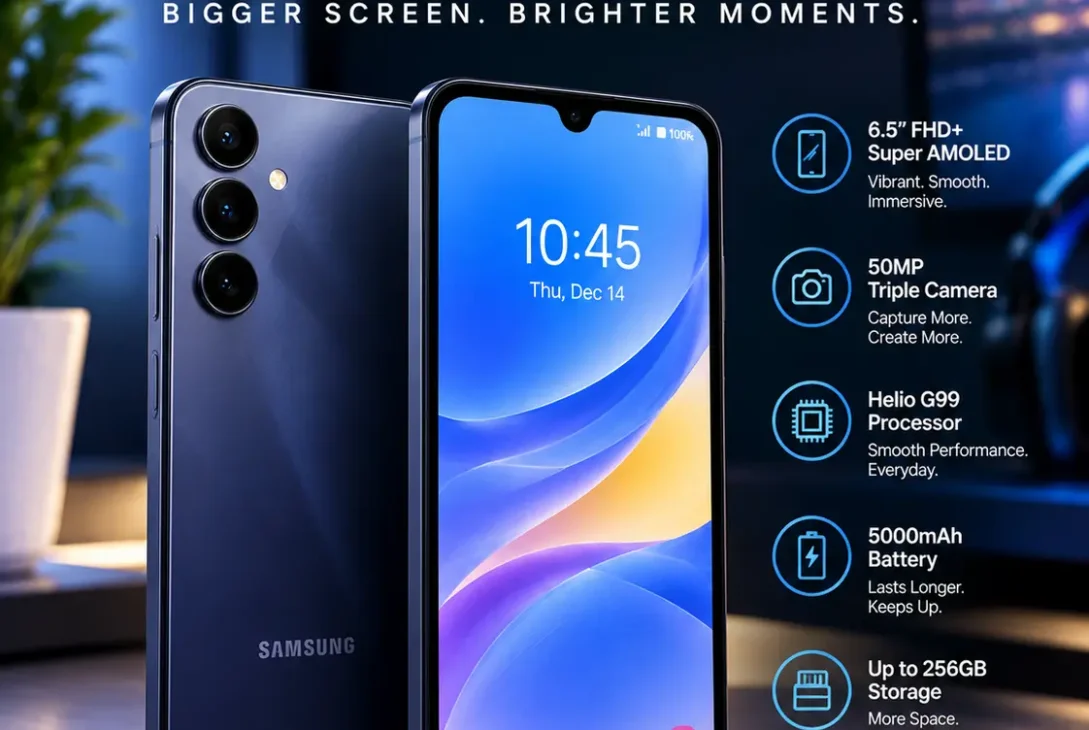 Samsung A15 smartphone showing display camera and specifications
