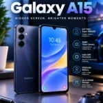 Samsung A15 smartphone showing display camera and specifications