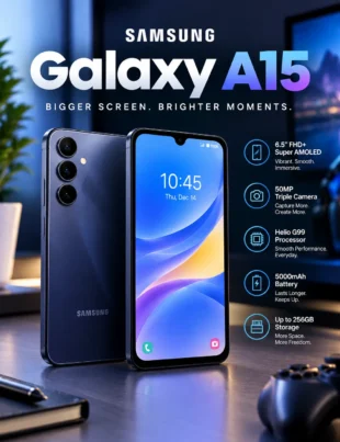 Samsung A15 smartphone showing display camera and specifications