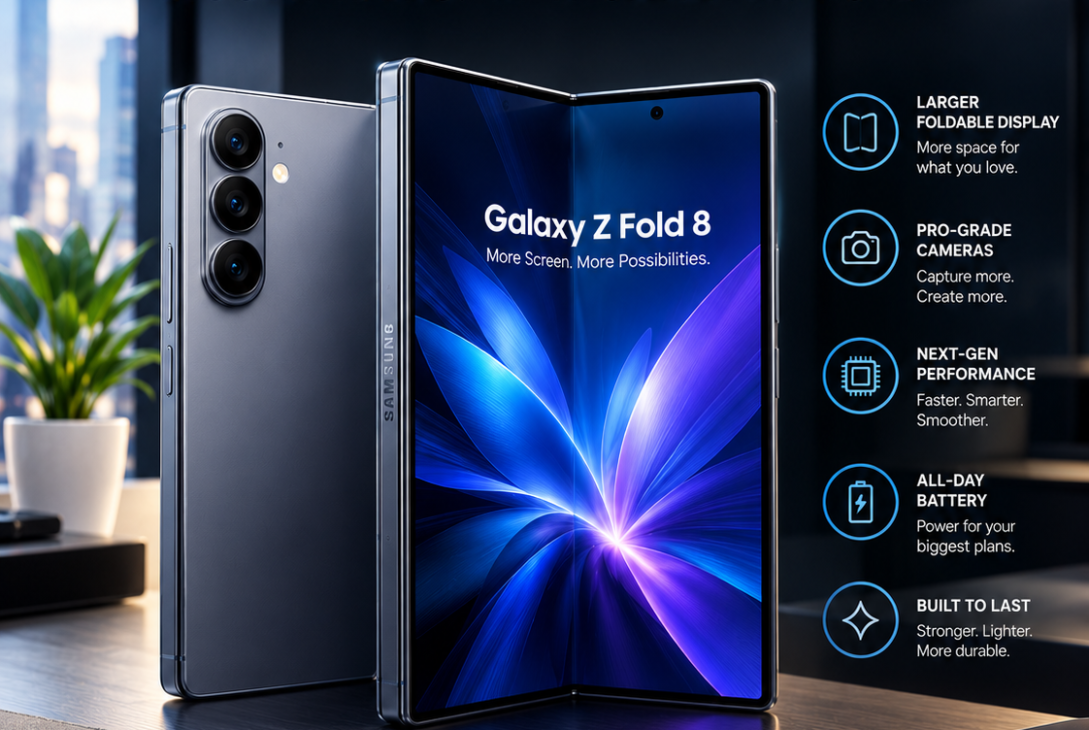 Samsung Galaxy Z Fold 8 showing its foldable display and dual camera system