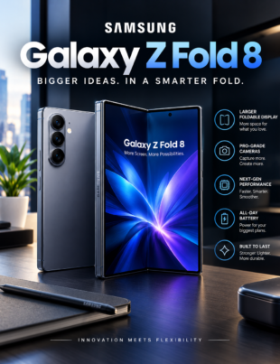 Samsung Galaxy Z Fold 8 showing its foldable display and dual camera system