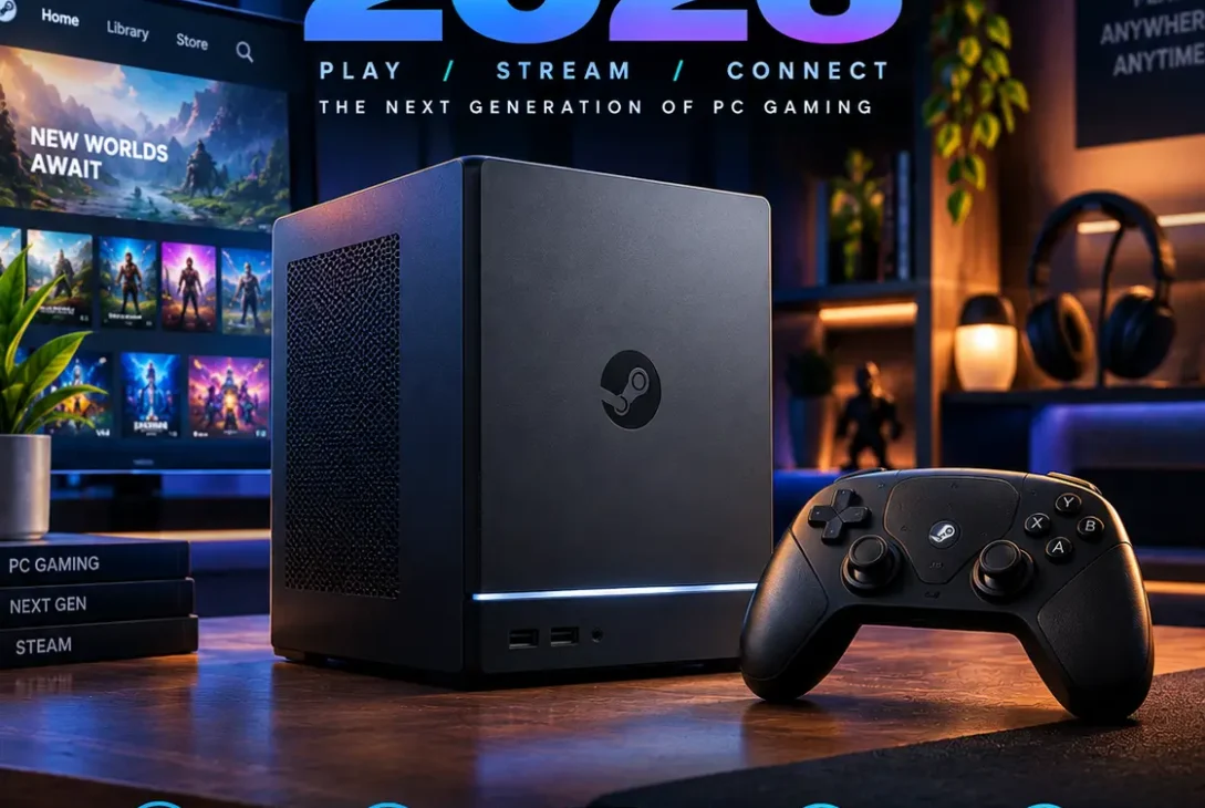Valve Steam Machine 2026 compact SteamOS gaming PC with controller