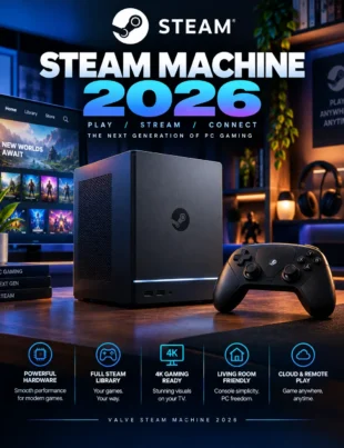 Valve Steam Machine 2026 compact SteamOS gaming PC with controller