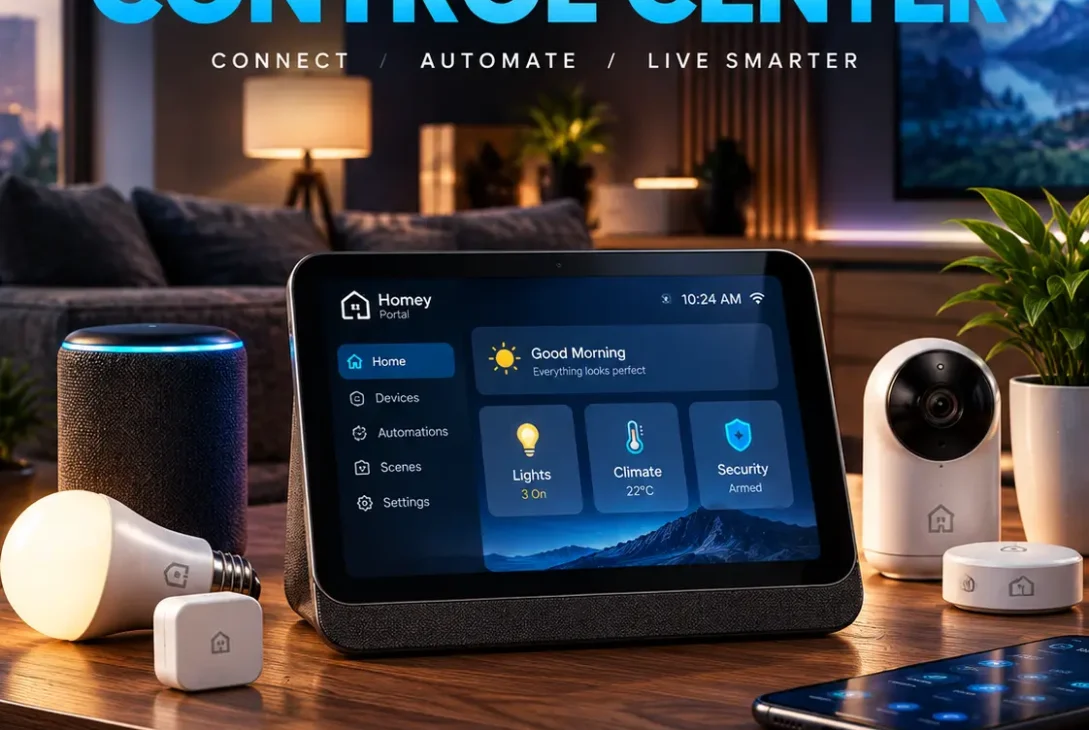 Homey Portal smart home controller with touchscreen and rotary ring