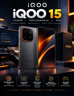 iQOO 15 flagship smartphone showing its display, cameras and design