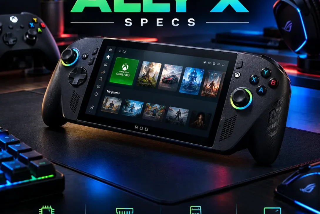 ROG Xbox Ally X showing gaming handheld specifications and 120Hz display