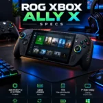 ROG Xbox Ally X showing gaming handheld specifications and 120Hz display