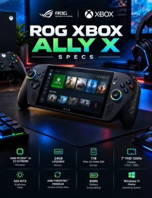 ROG Xbox Ally X showing gaming handheld specifications and 120Hz display
