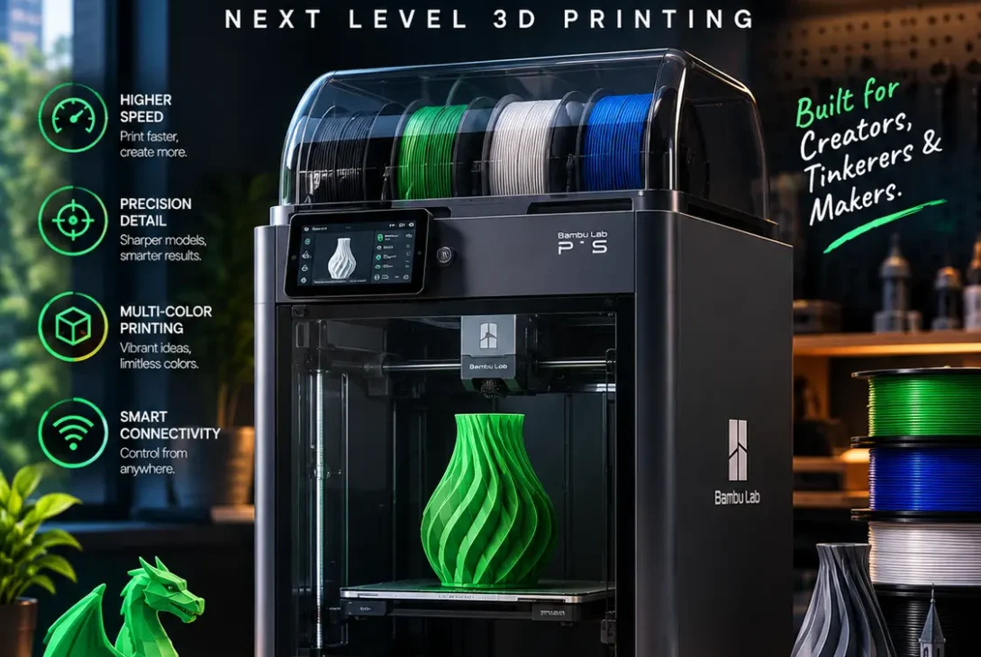 Bambu Lab P2S enclosed 3D printer with touchscreen and build chamber