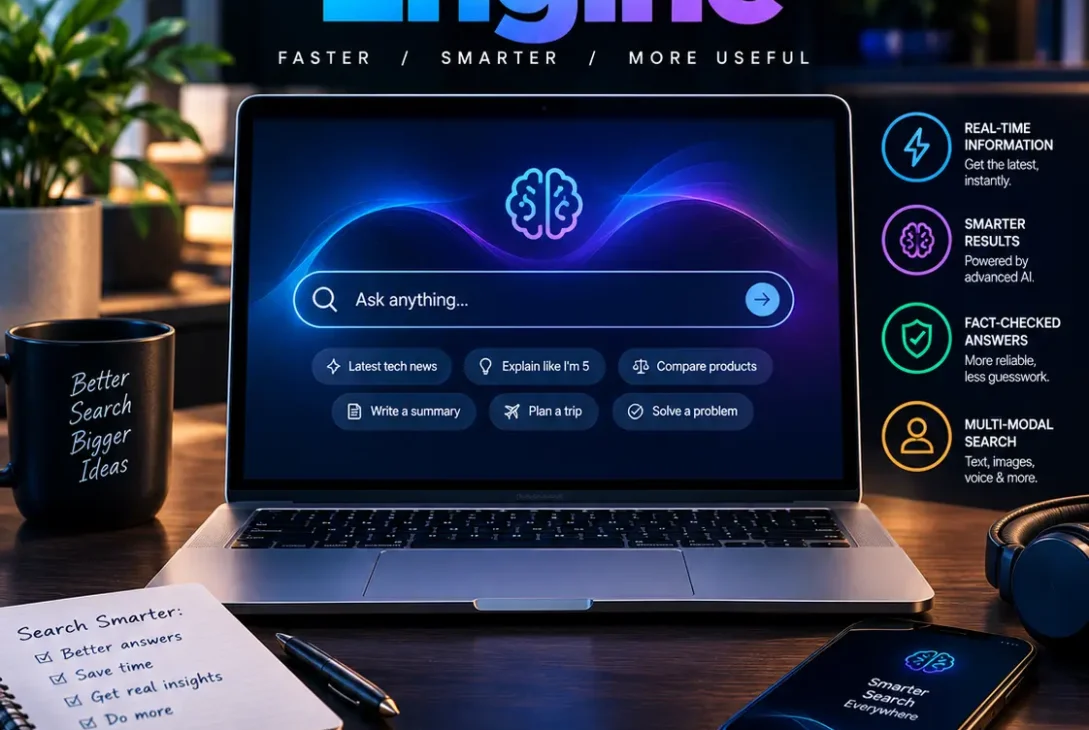 Best AI search engine comparison showing AI-powered web research on a laptop