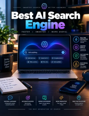 Best AI search engine comparison showing AI-powered web research on a laptop