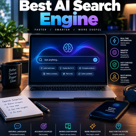 Best AI search engine comparison showing AI-powered web research on a laptop
