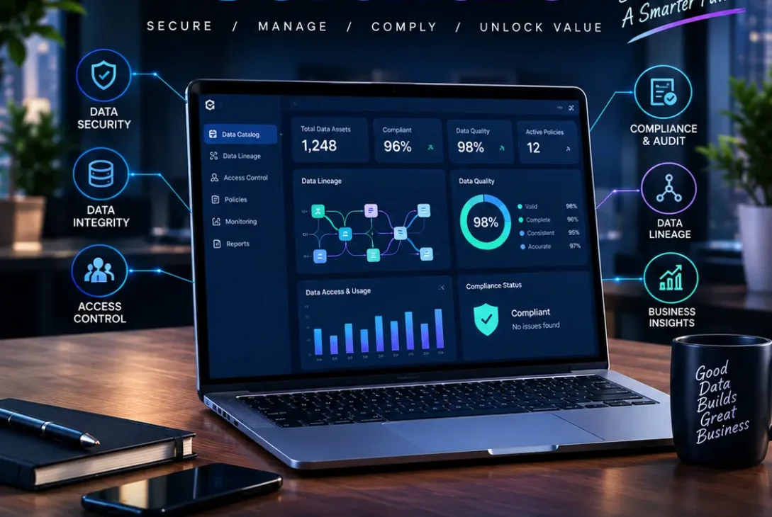 data governance software dashboard showing data catalog, security, lineage, quality, and access controls
