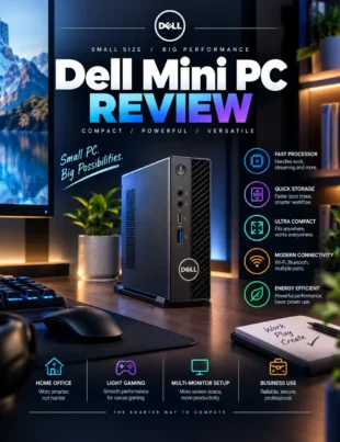 Dell mini PC compact desktop computer beside a monitor on an office desk