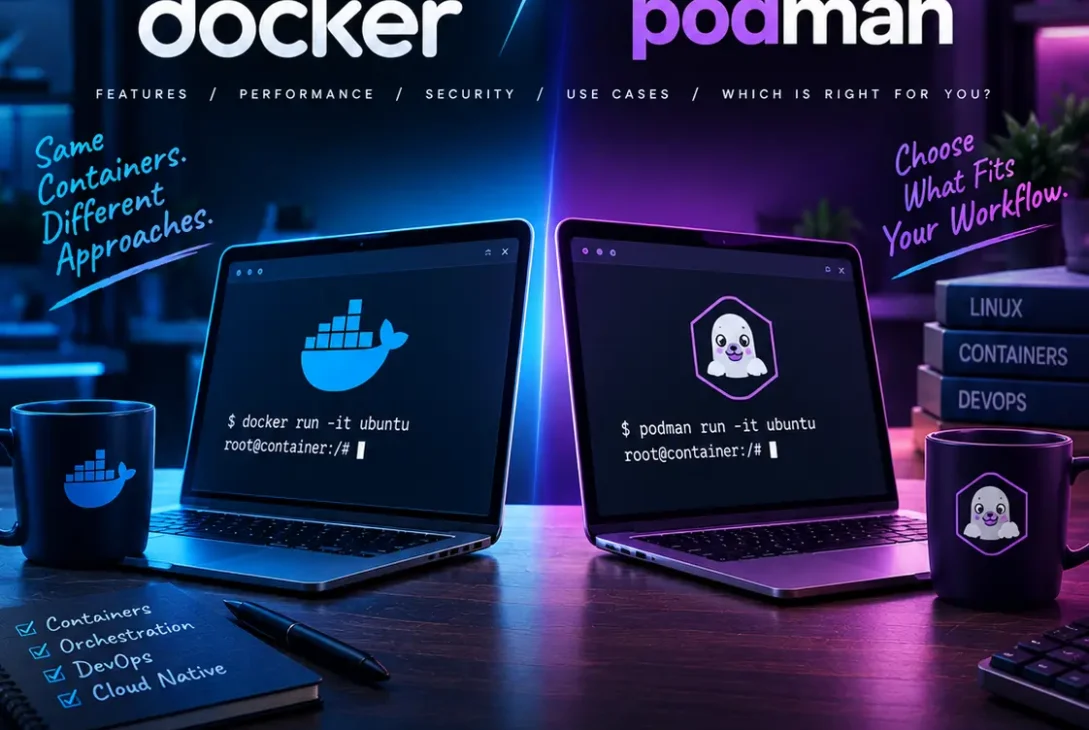 Docker vs Podman comparison showing container tools, security, and development workflows