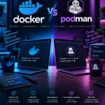 Docker vs Podman comparison showing container tools, security, and development workflows