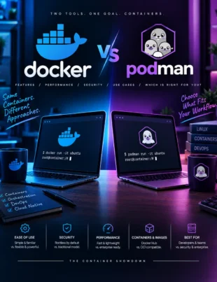 Docker vs Podman comparison showing container tools, security, and development workflows