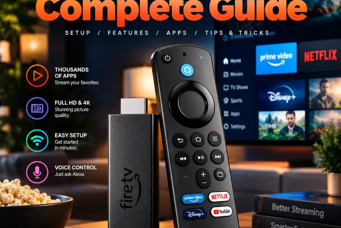 Fire TV Stick connected to a television with streaming apps displayed on screen