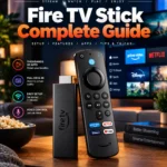 Fire TV Stick connected to a television with streaming apps displayed on screen
