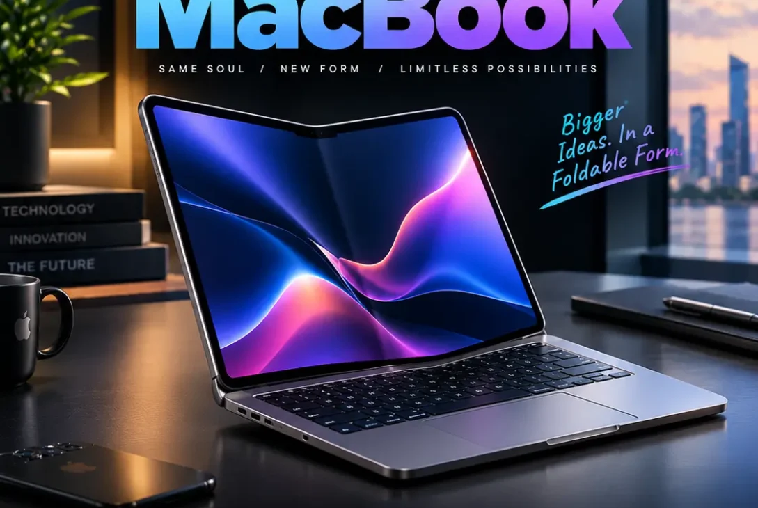 foldable macbook concept with large OLED display opened on a desk