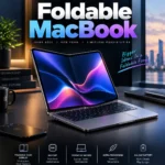 foldable macbook concept with large OLED display opened on a desk