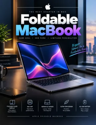 foldable macbook concept with large OLED display opened on a desk