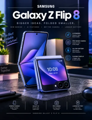 samsung z flip 8 foldable smartphone showing its compact flip design