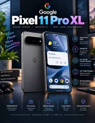 Google Pixel 11 Pro XL smartphone showing its large display and triple camera system