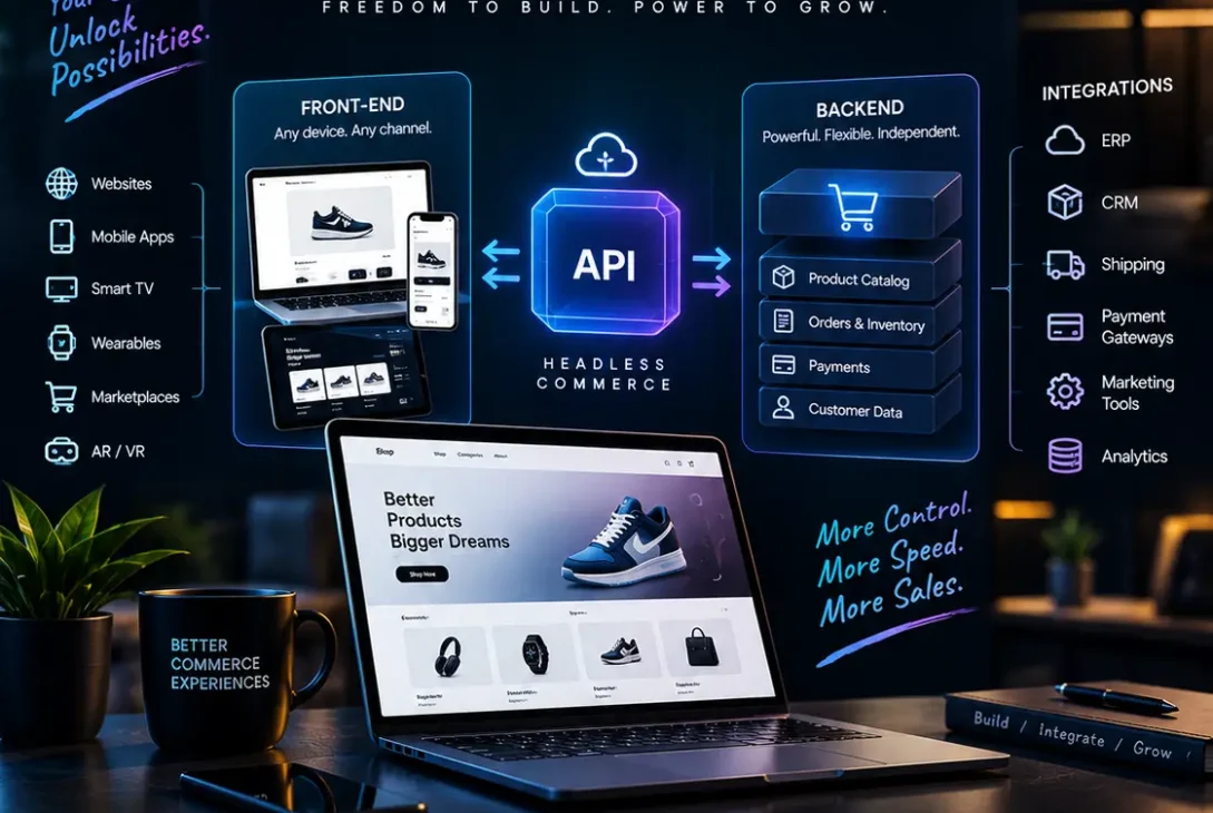 Headless commerce architecture connecting a custom ecommerce storefront with back-end products, APIs, and checkout services