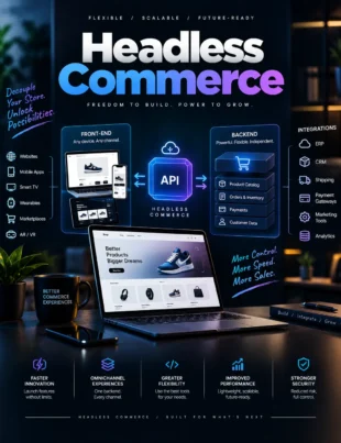 Headless commerce architecture connecting a custom ecommerce storefront with back-end products, APIs, and checkout services