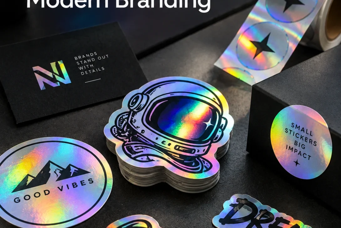Custom holographic stickers with vibrant rainbow reflections, including astronaut, globe, star, and typography designs, displayed on a dark surface with premium branding cards and holographic sticker rolls.