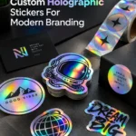Custom holographic stickers with vibrant rainbow reflections, including astronaut, globe, star, and typography designs, displayed on a dark surface with premium branding cards and holographic sticker rolls.