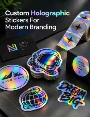 Custom holographic stickers with vibrant rainbow reflections, including astronaut, globe, star, and typography designs, displayed on a dark surface with premium branding cards and holographic sticker rolls.