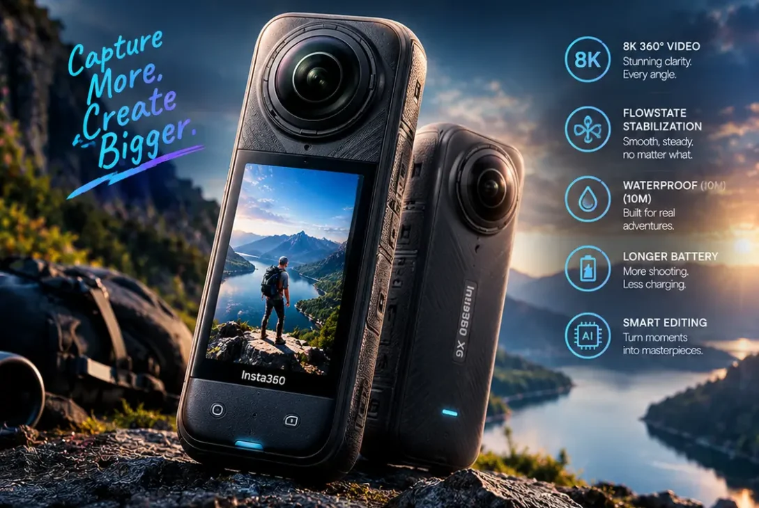 insta360 x6 8K 360 camera with OLED display and dual large sensors