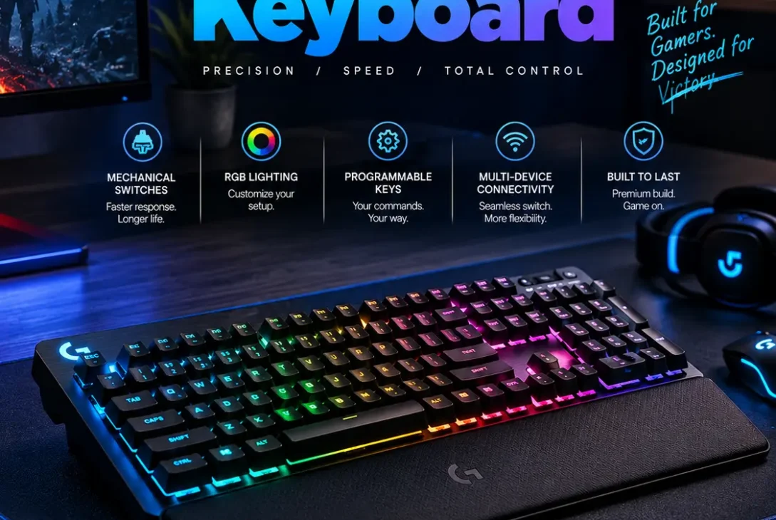 Logitech gaming keyboard on a gaming desk with RGB lighting