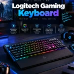 Logitech gaming keyboard on a gaming desk with RGB lighting