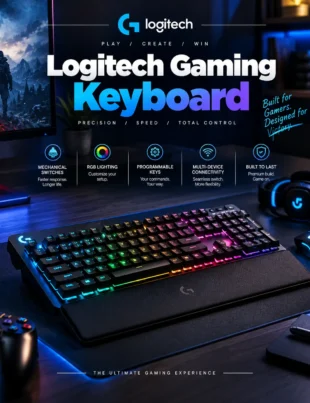 Logitech gaming keyboard on a gaming desk with RGB lighting