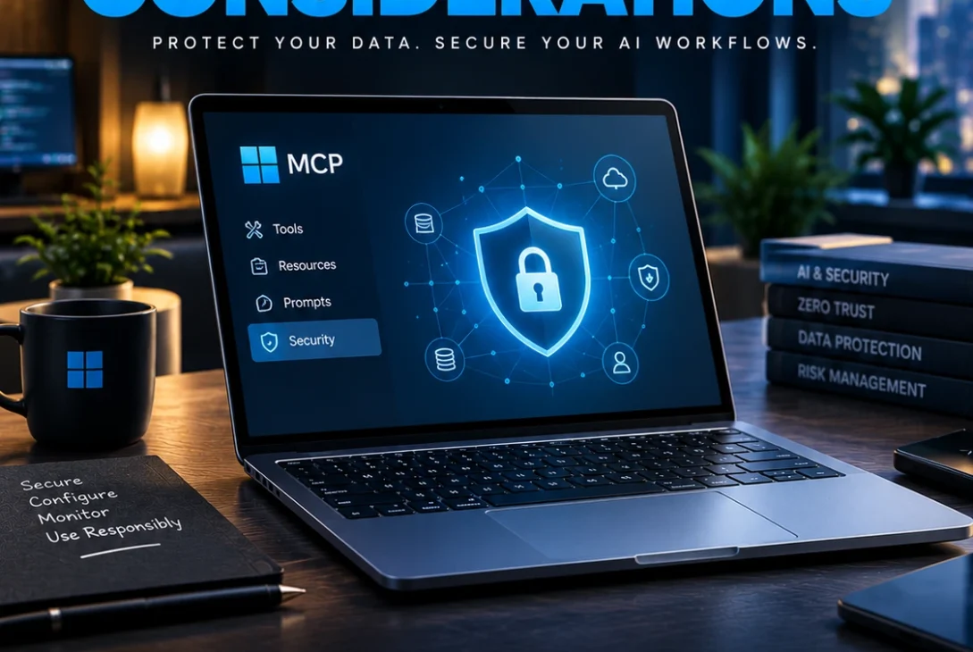MCP security considerations showing AI tools, server connections, and cybersecurity protection