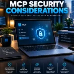 MCP security considerations showing AI tools, server connections, and cybersecurity protection