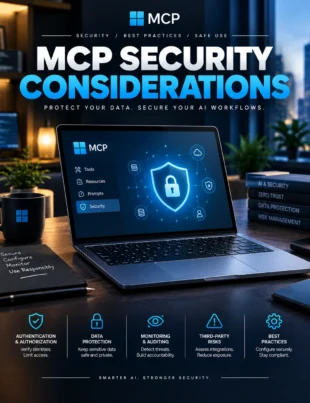 MCP security considerations showing AI tools, server connections, and cybersecurity protection