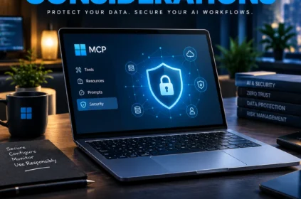MCP security considerations showing AI tools, server connections, and cybersecurity protection