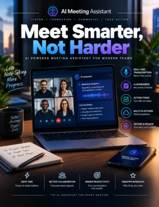 AI meeting assistant creating meeting transcripts, summaries, and action items on a laptop