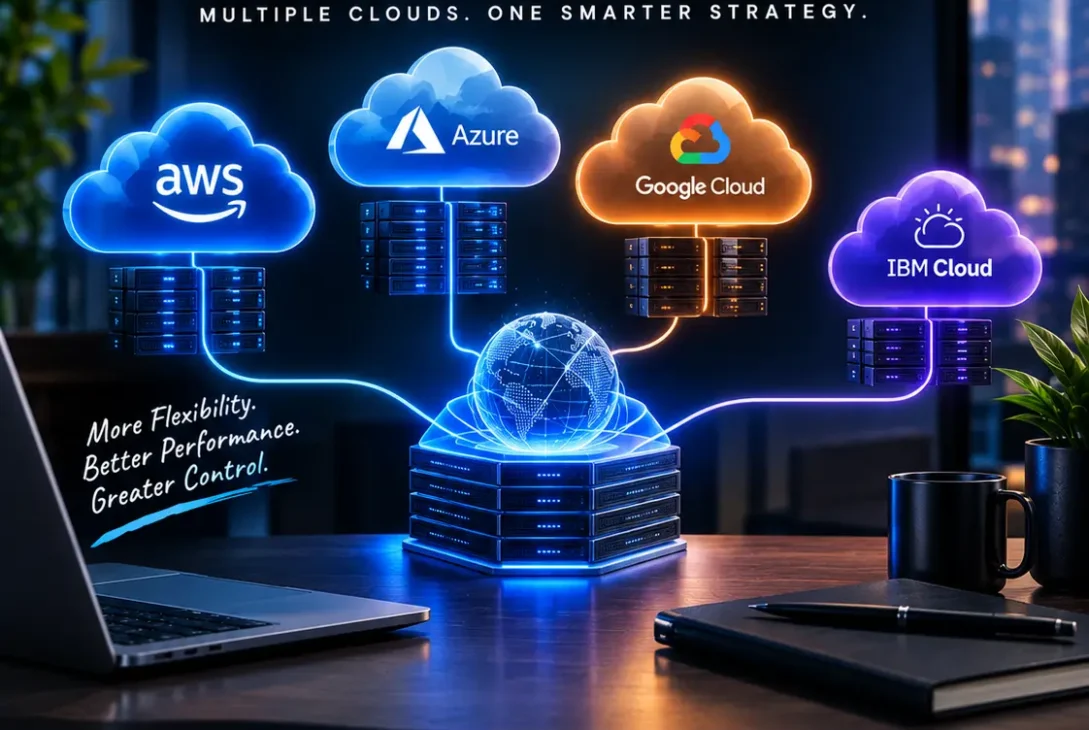 Multicloud architecture connecting AWS, Microsoft Azure, and Google Cloud