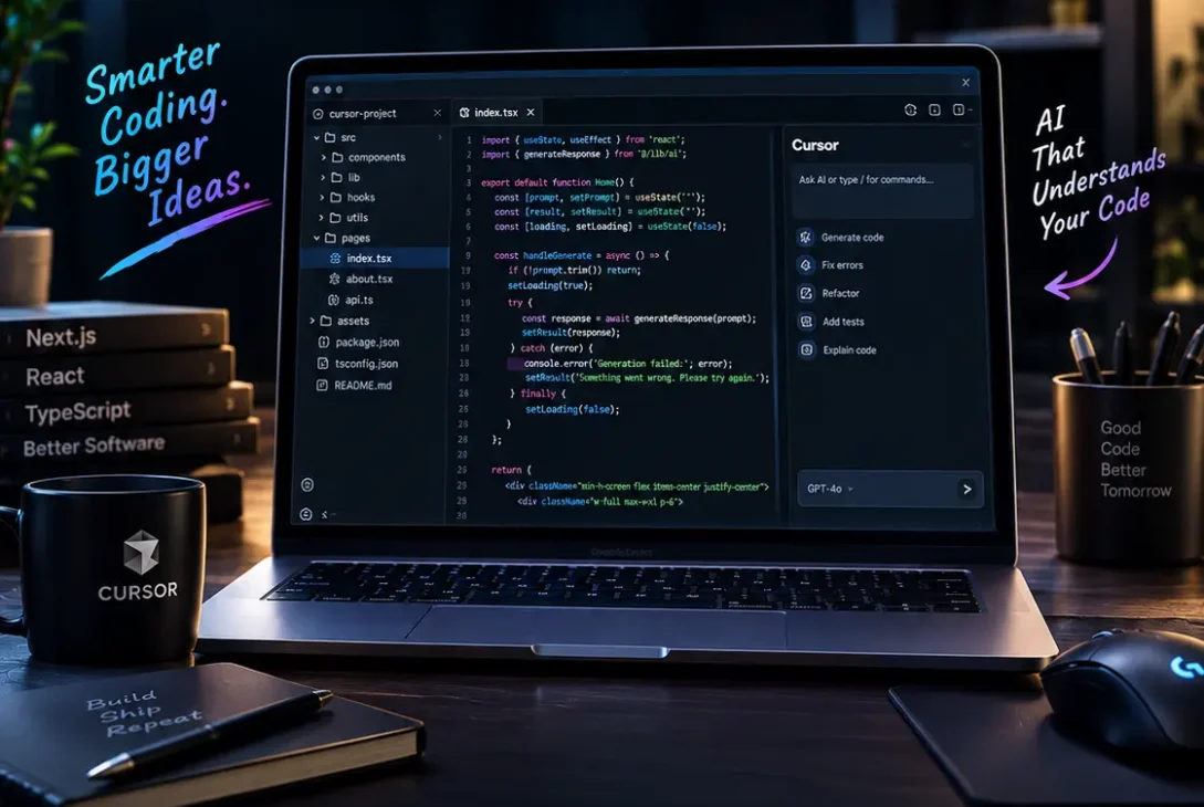 Cursor AI code editor with AI coding agent working on a software project