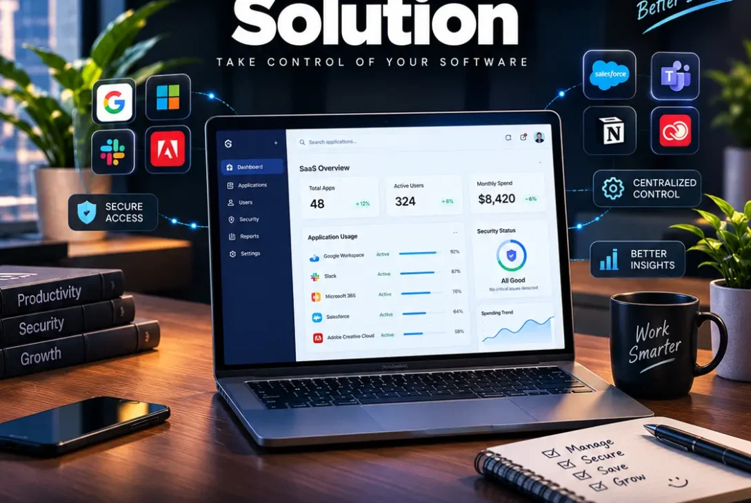 saas management solution dashboard showing cloud software, licenses, security, and business applications
